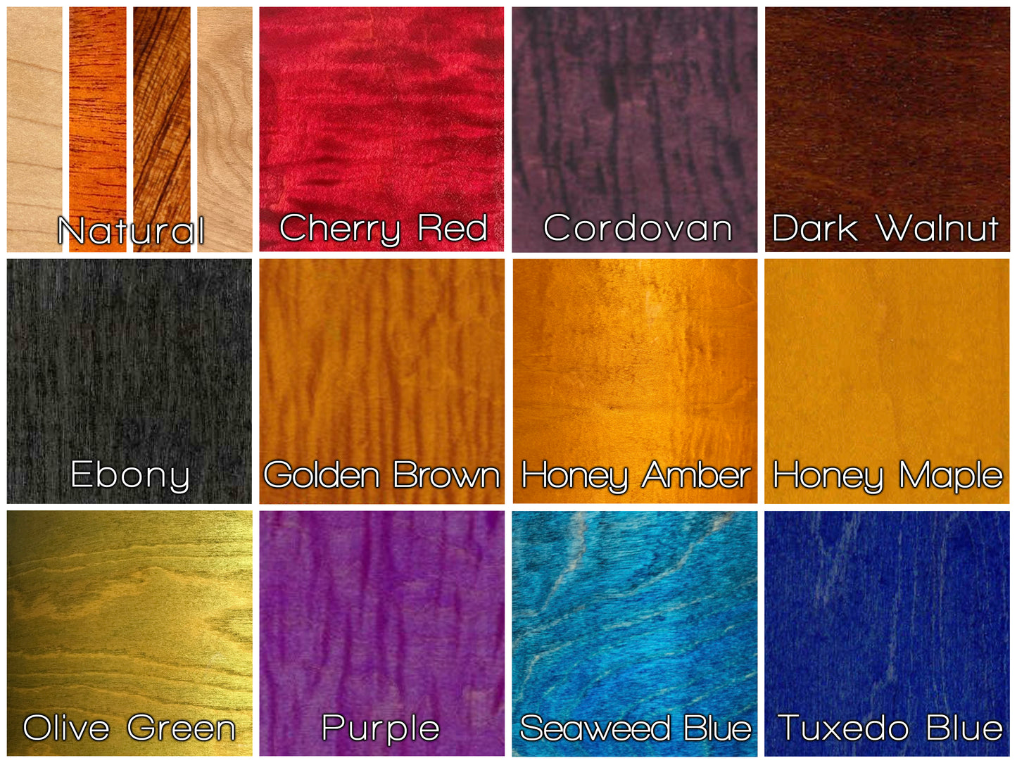 color wood dye swatch showing variety of drum finish colors