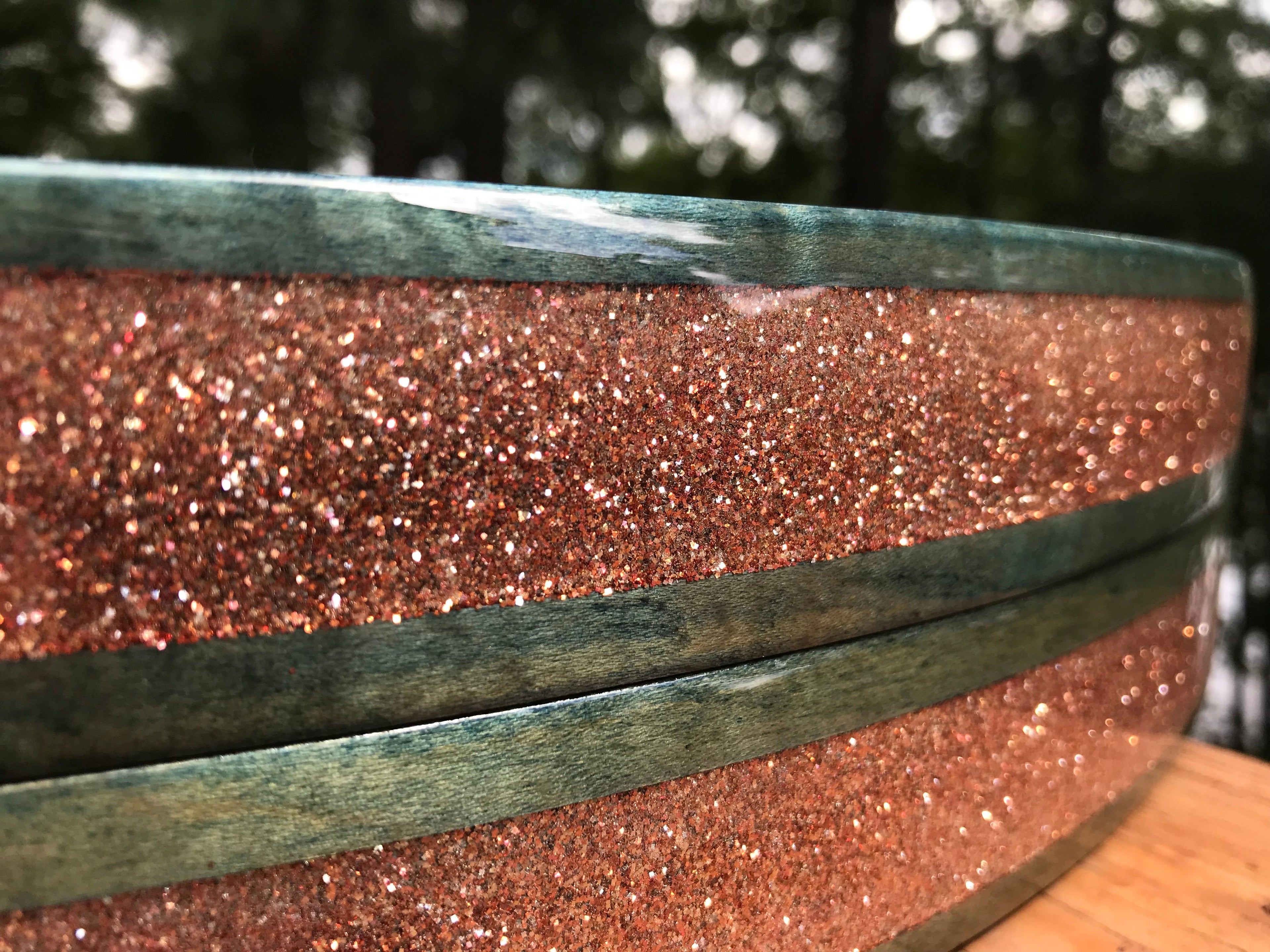 Custom made bass drum hoop pair with a champagne sparkle metal flake inlay