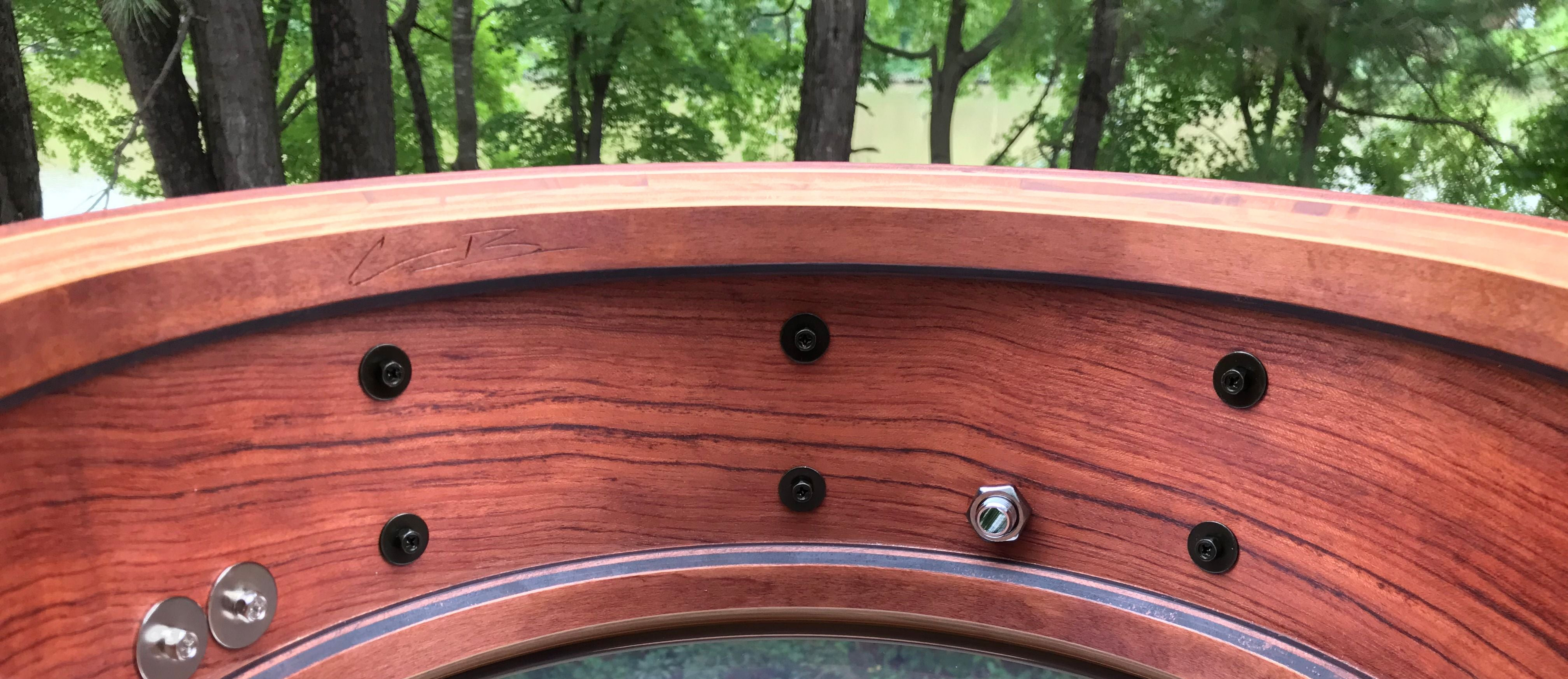 Interior view of a drum shell made of Bubinga wood