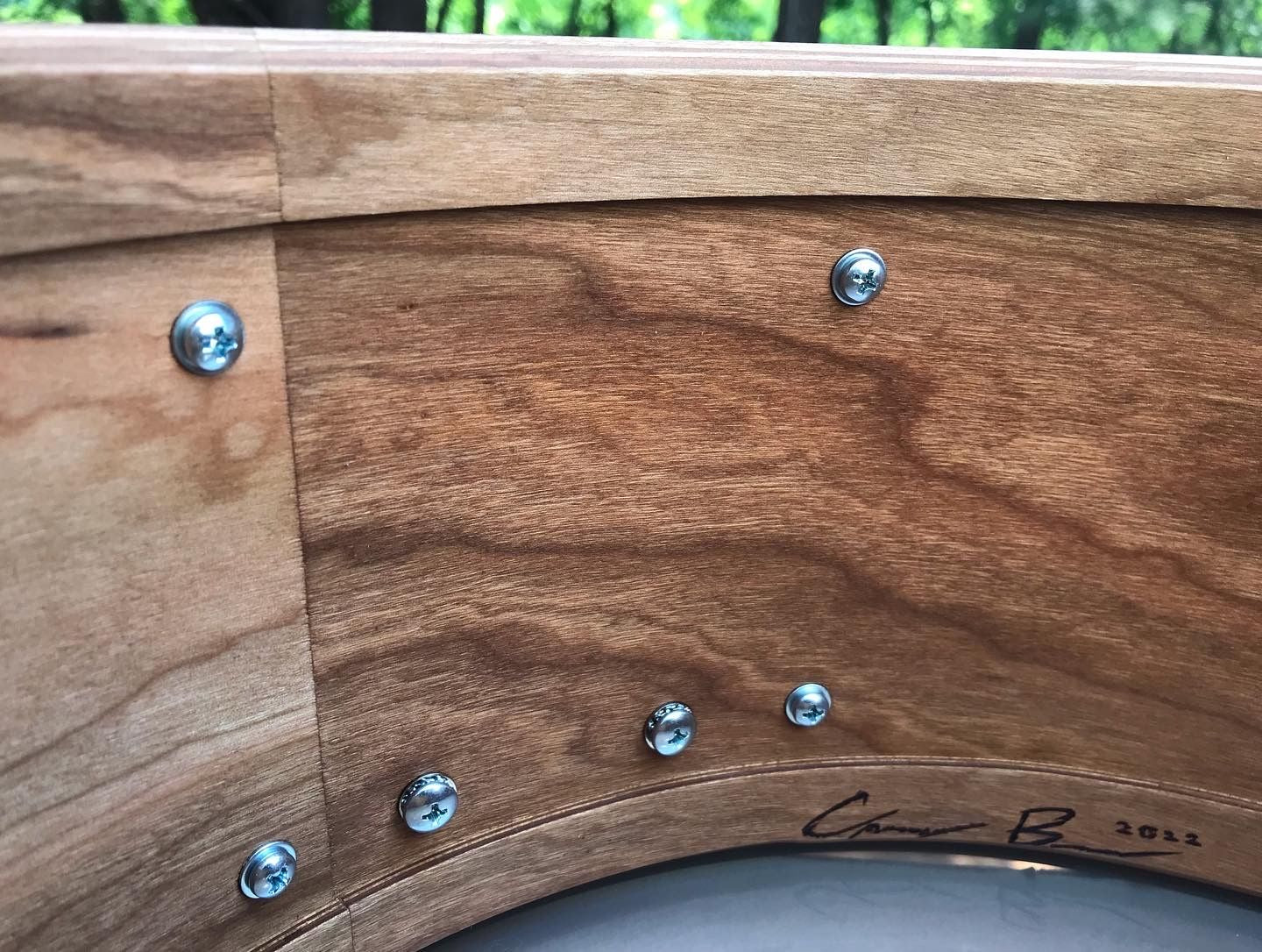 Interior view of a drum shell made of walnut wood