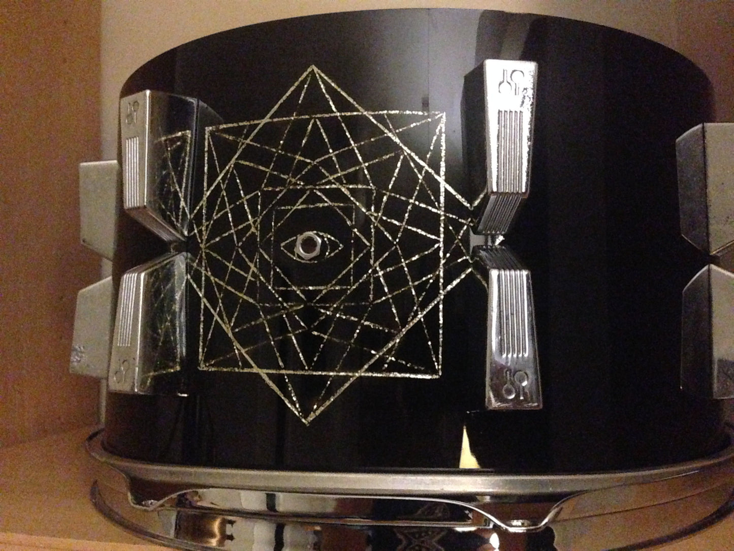 Danny Carey custom snare drum with Sonor hardware and geometric art