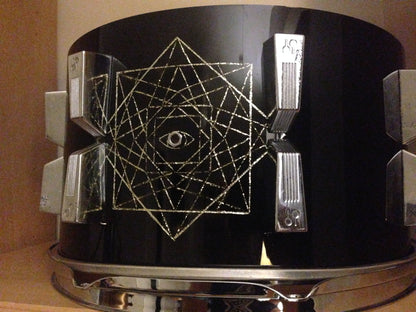Danny Carey custom snare drum with Sonor hardware and geometric art