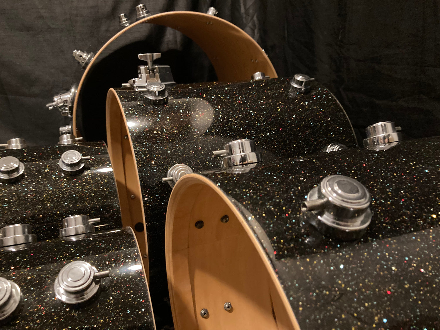 DW drum set refinished in a black sparkle metal flake