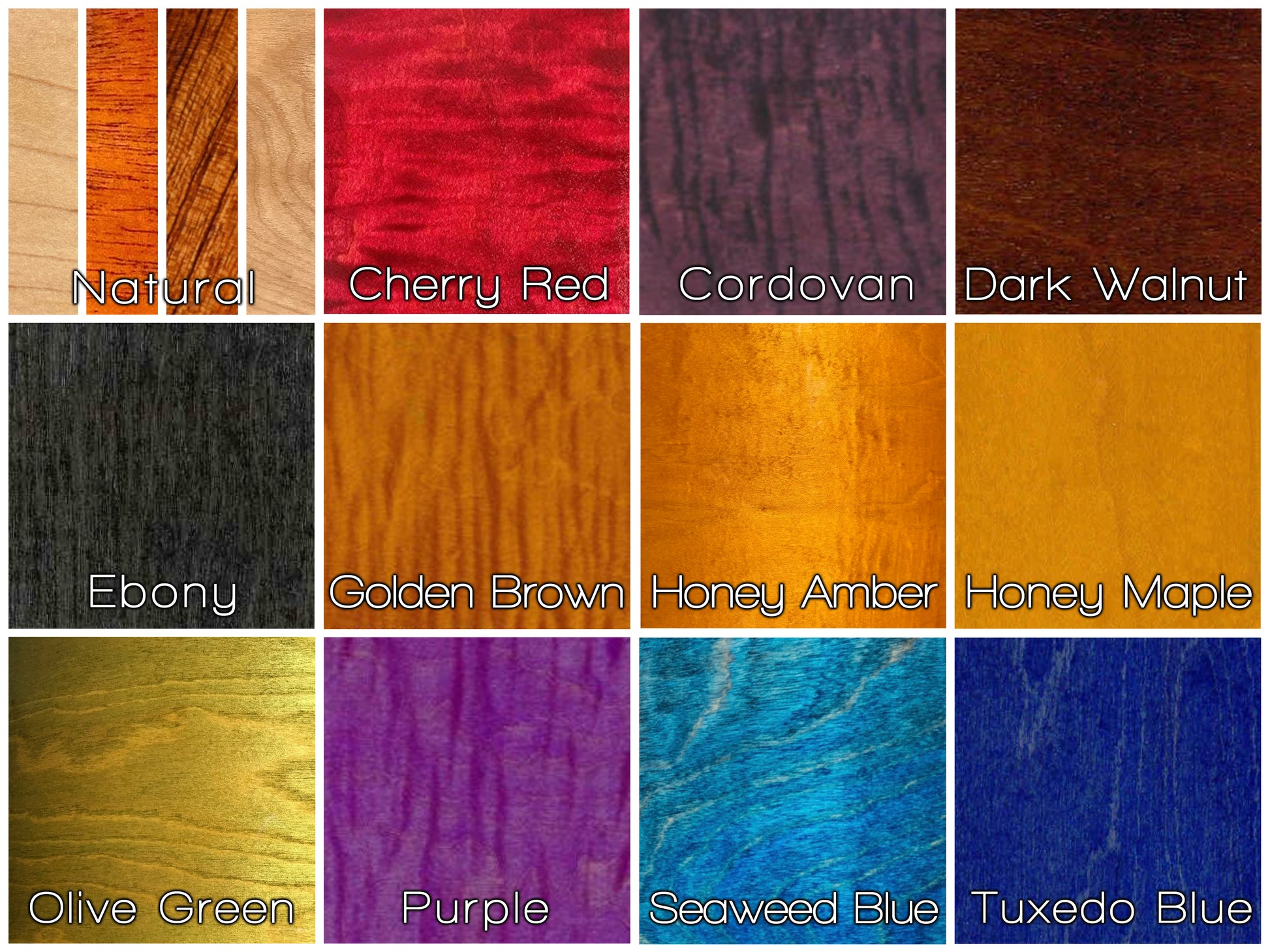 color wood dye swatch showing variety of drum finish colors