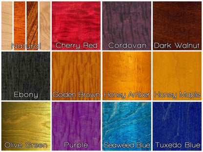 color wood dye swatch showing variety of drum finish colors