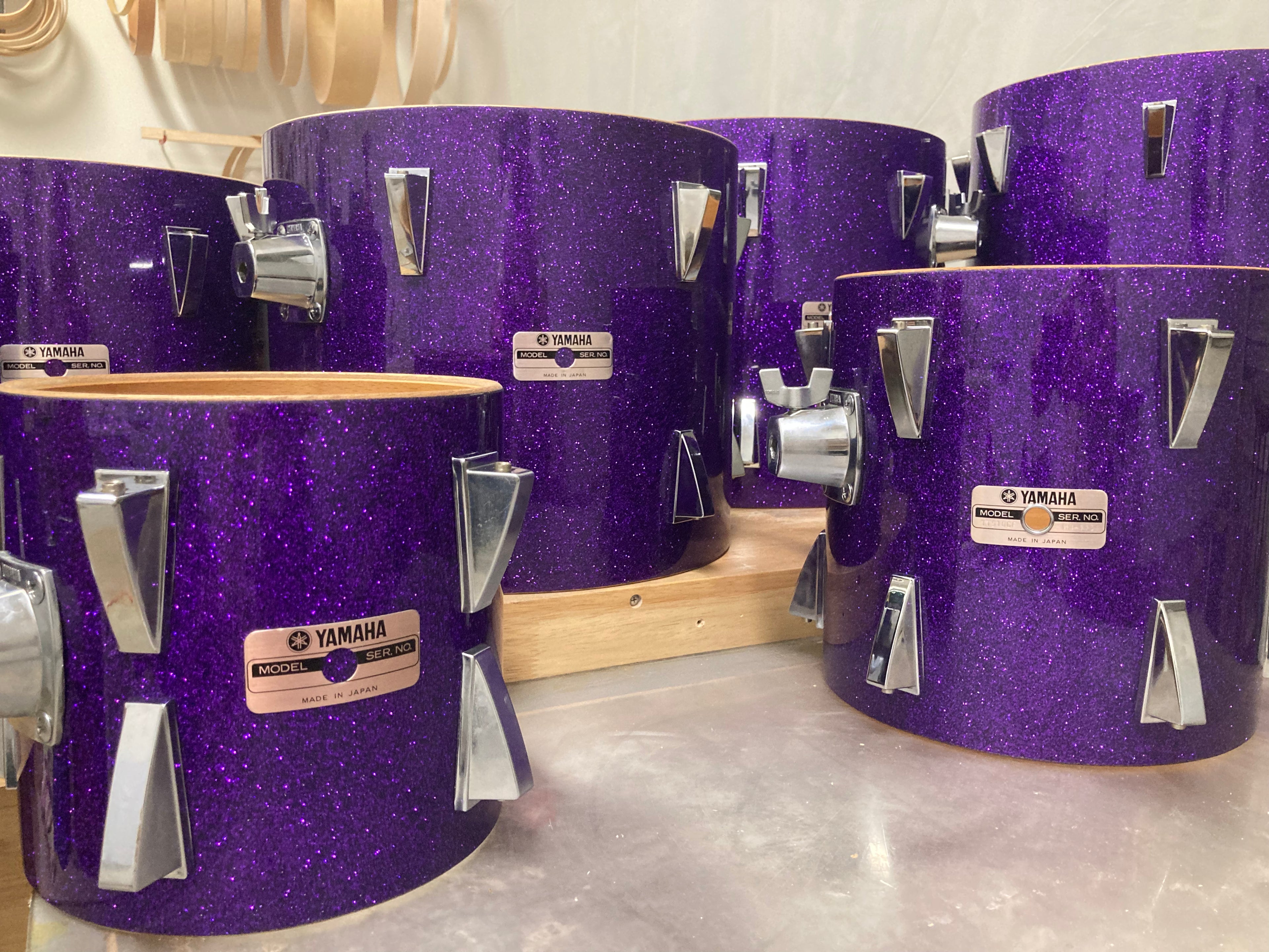 Yamaha drum set refinished in purple metal flake