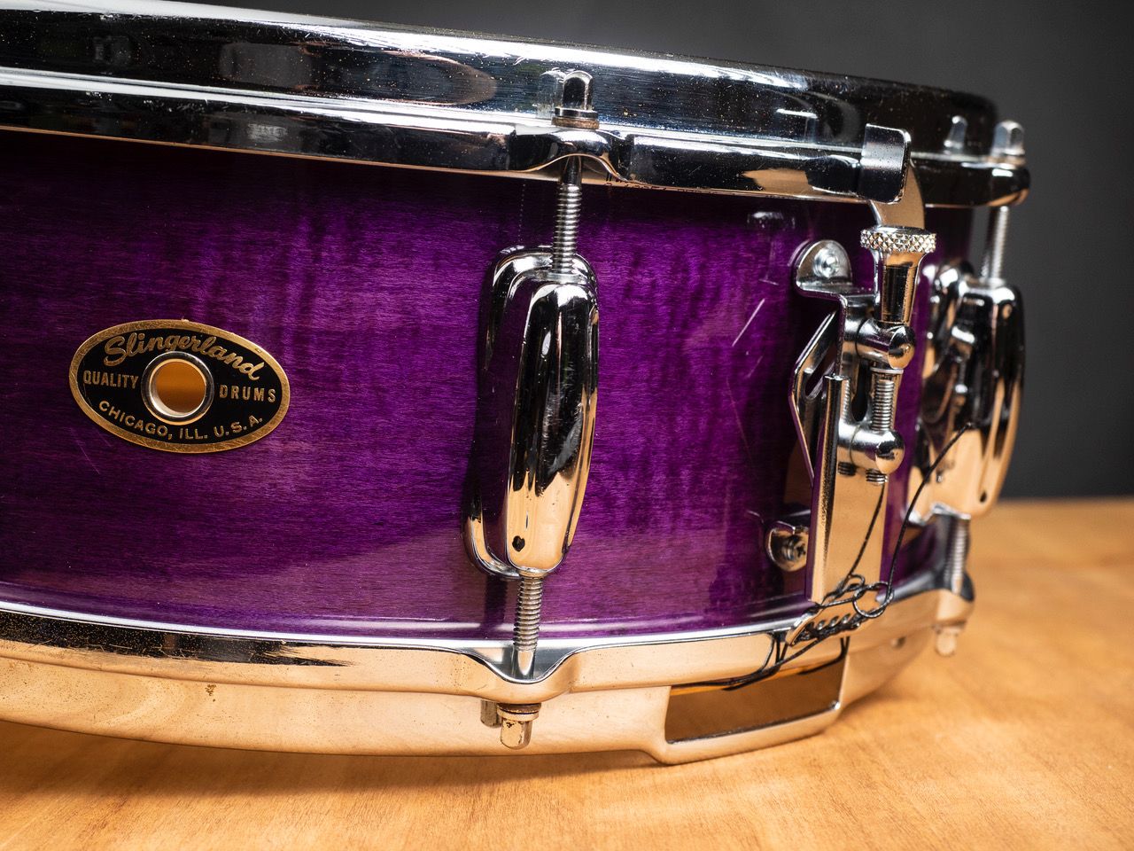 Slingerland vintage drum shell refinished in purple dye with high gloss polyurethane