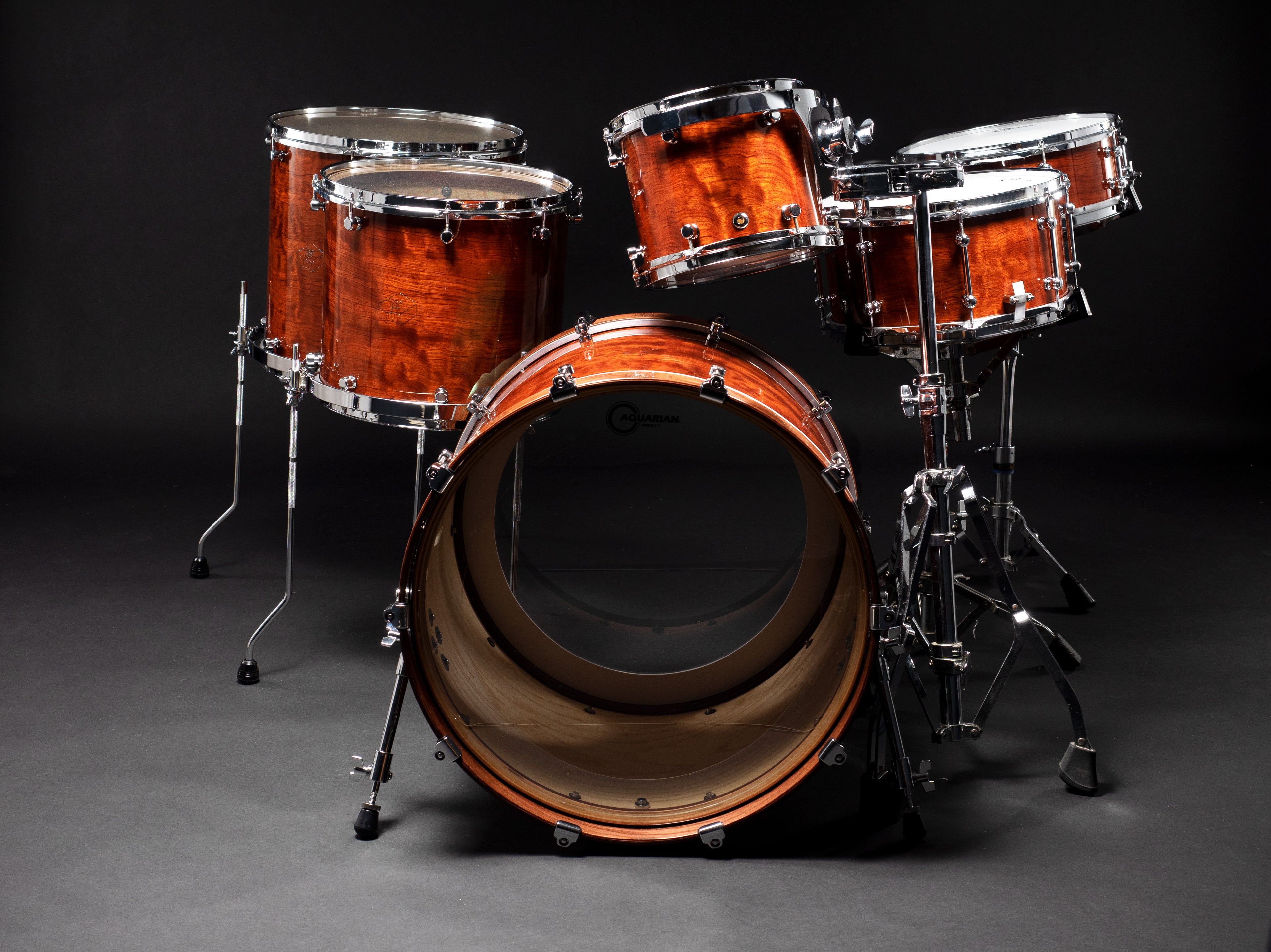 Custom drum set made of Bubinga wood with high gloss finish