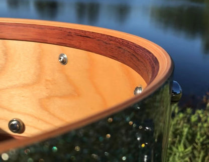 interior of custom snare drum with Bubinga reinforcing rings