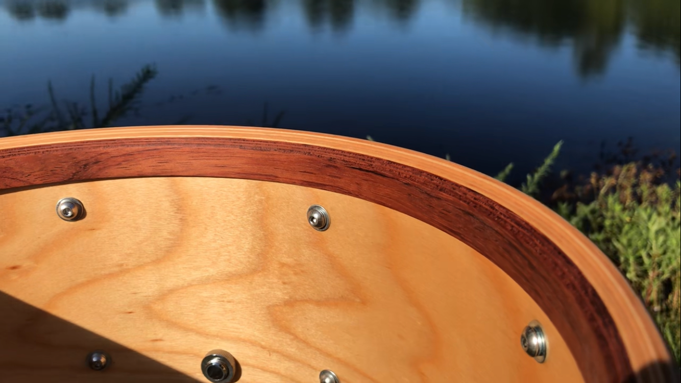 interior view of a birch snare drum with Bubinga reinforcing rings