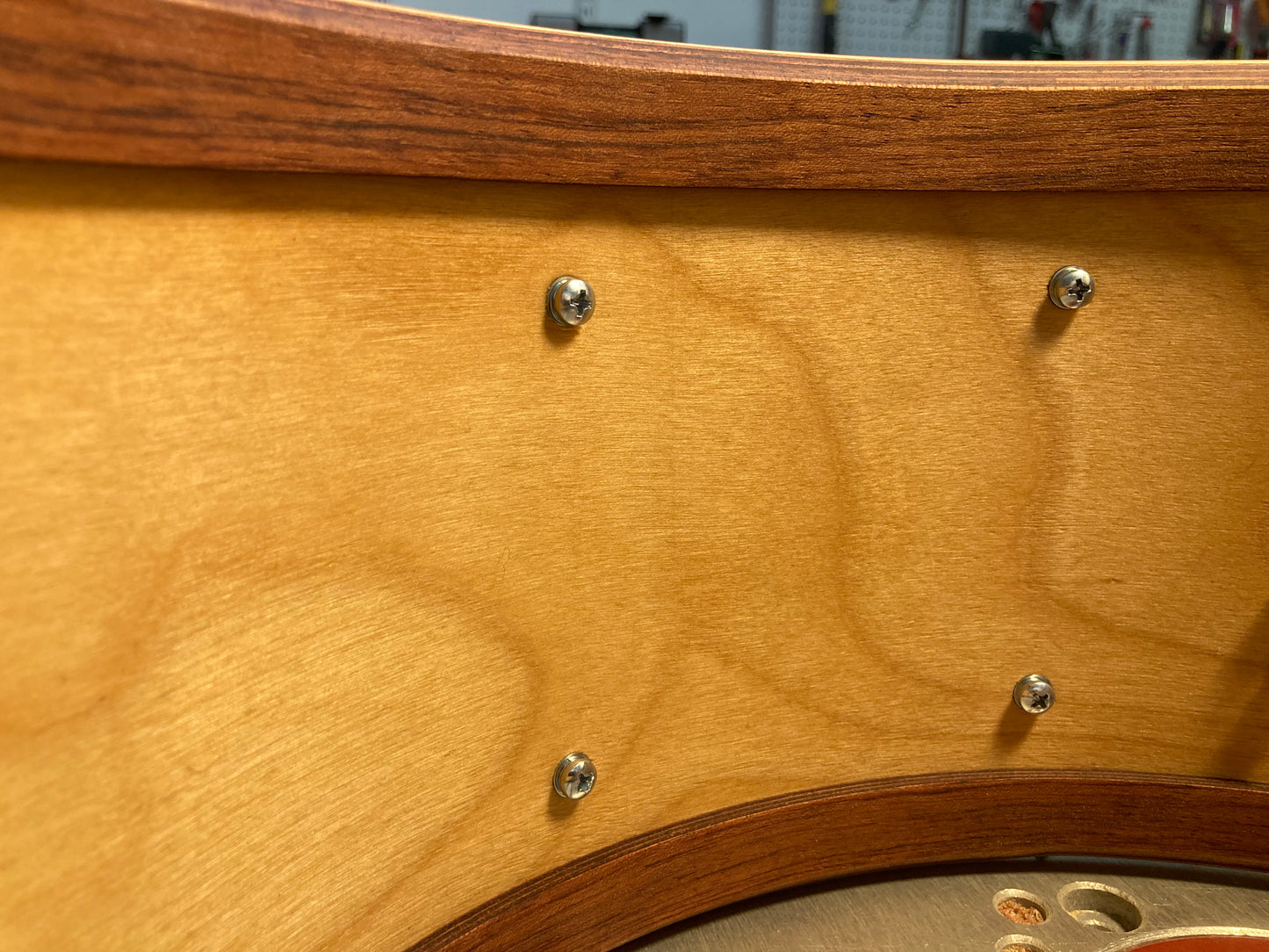 Custom drum made of birch wood with Bubinga wood reinforcing rings