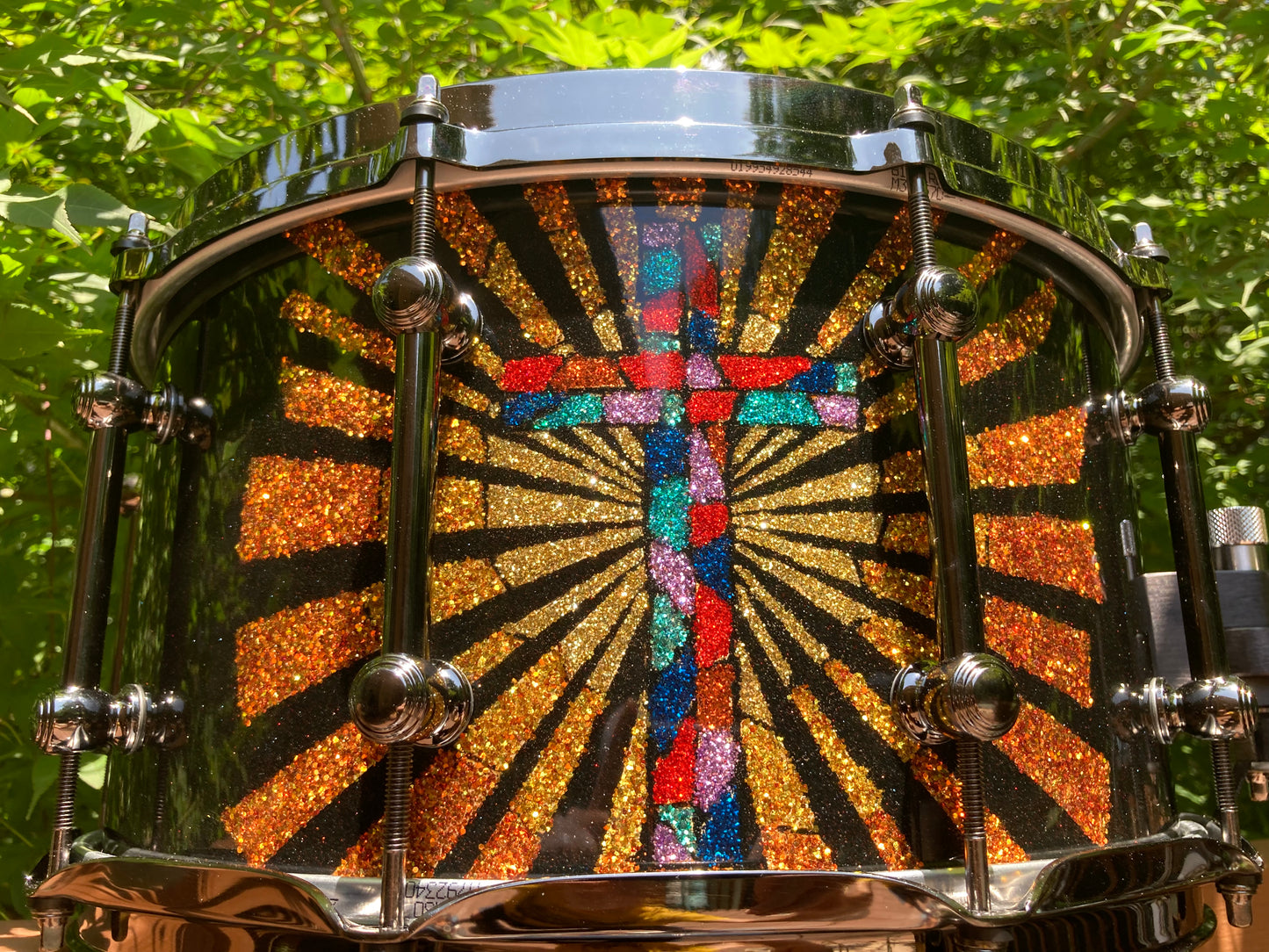 custom snare drum with cross inlayed with metal flake