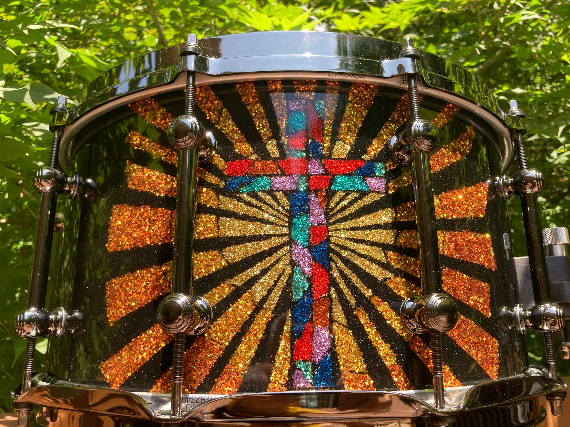 custom snare drum with cross inlayed with metal flake