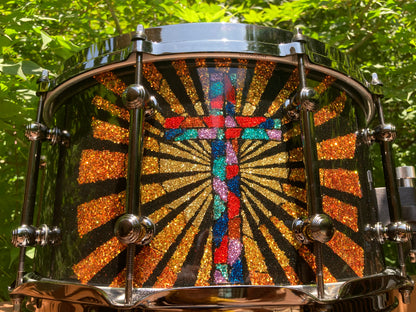 custom snare drum with cross inlayed with metal flake