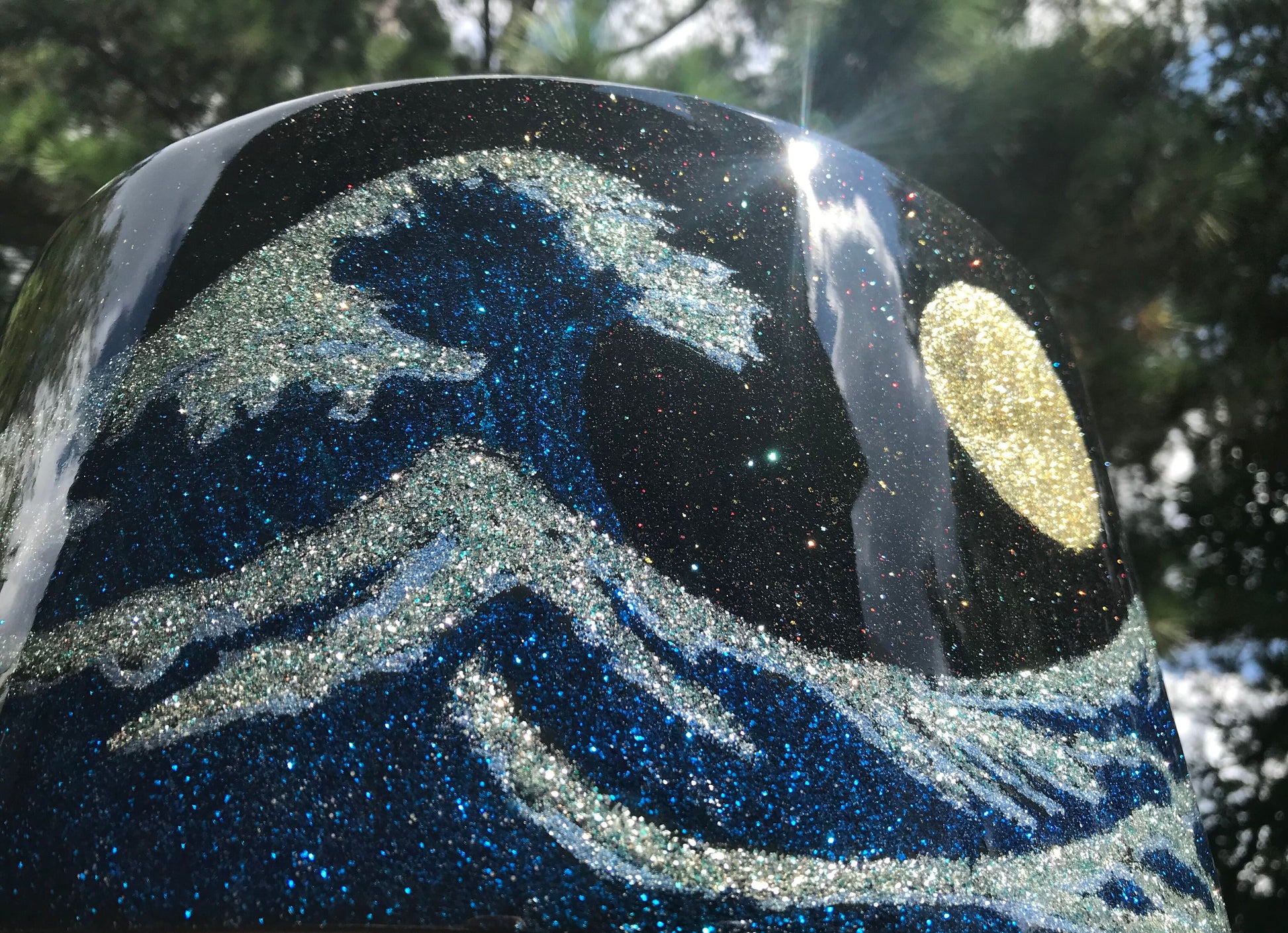 custom snare drum with ocean waves and moon inlayed with metal flake