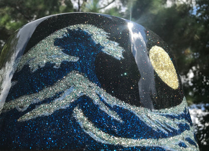 custom snare drum with ocean waves and moon inlayed with metal flake