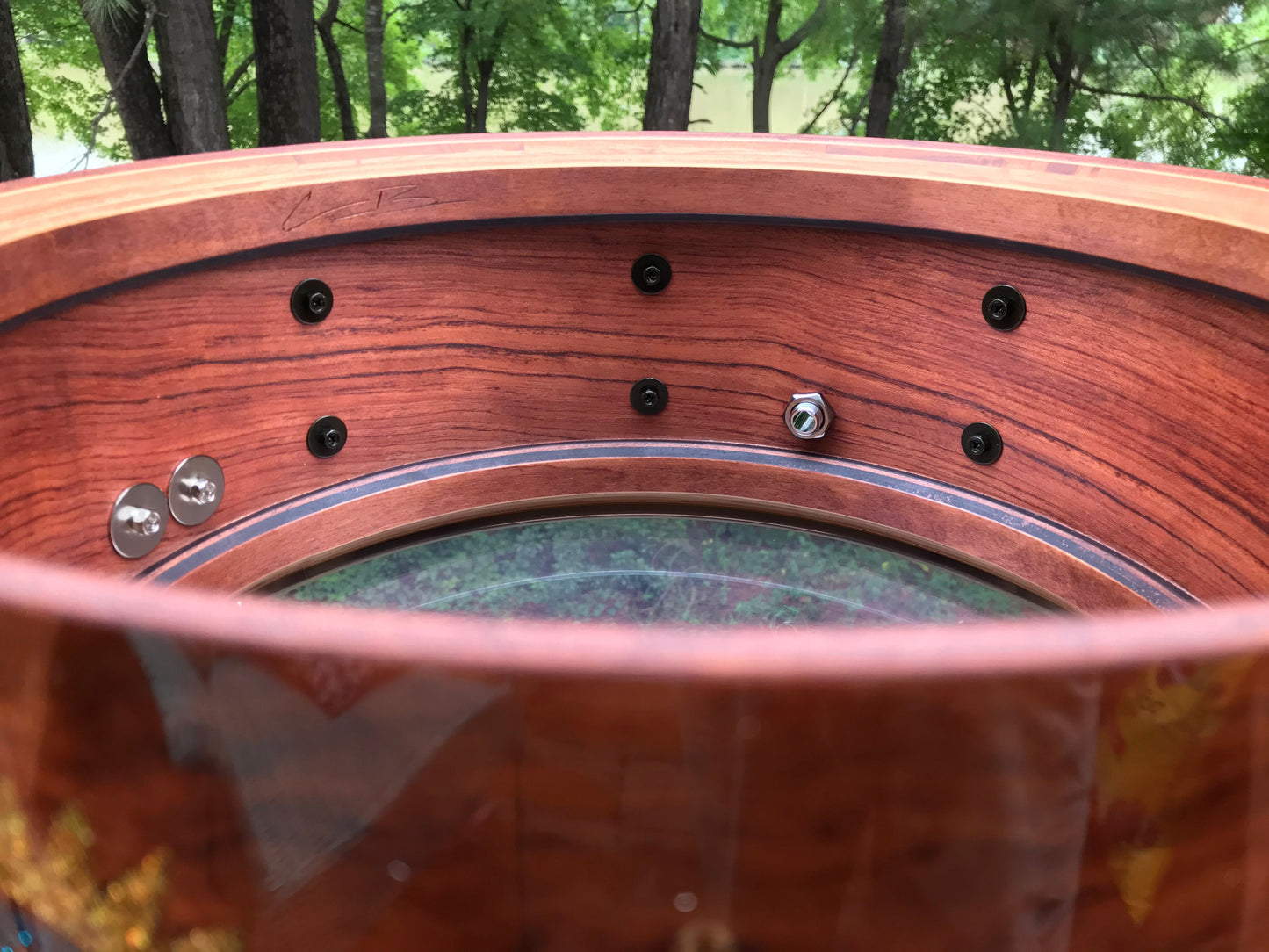 interior view of a snare drum made of Bubinga wood