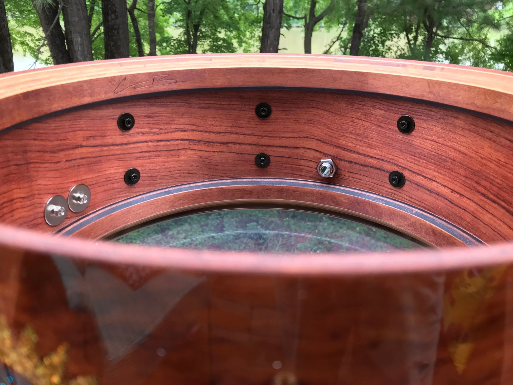 interior view of a snare drum made of Bubinga wood