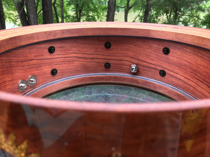 interior view of a snare drum made of Bubinga wood